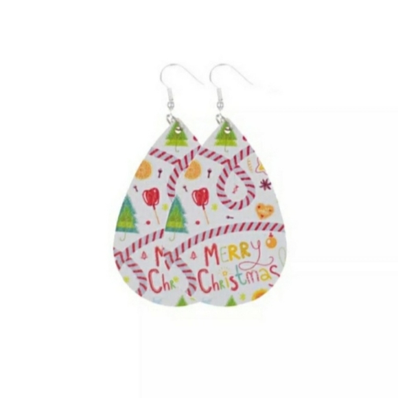 White Leather Teardrop Merry Christmas Santa Tree Dangle Drop Earrings - Picture 5 of 5